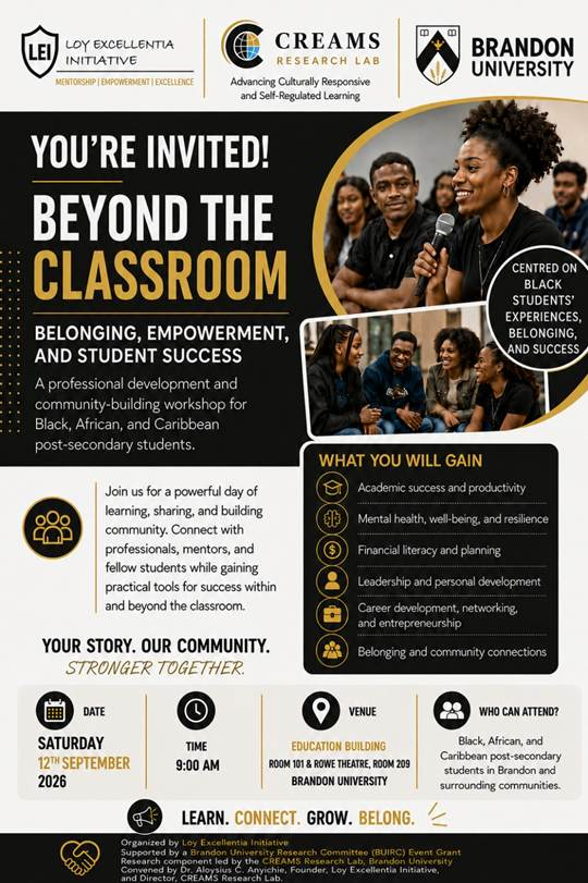 Black Students Professional Development Workshop at Brandon University on September 12, 2026, featuring sessions on academic success, career development, well-being, networking, leadership and financial literacy.