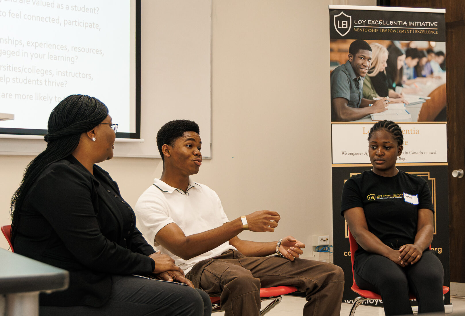 Stella Akomolafe, Samuel Kayode and Mary Okorie during the Student Voices session at the Loy Excellentia professional development workshop at Brandon University.