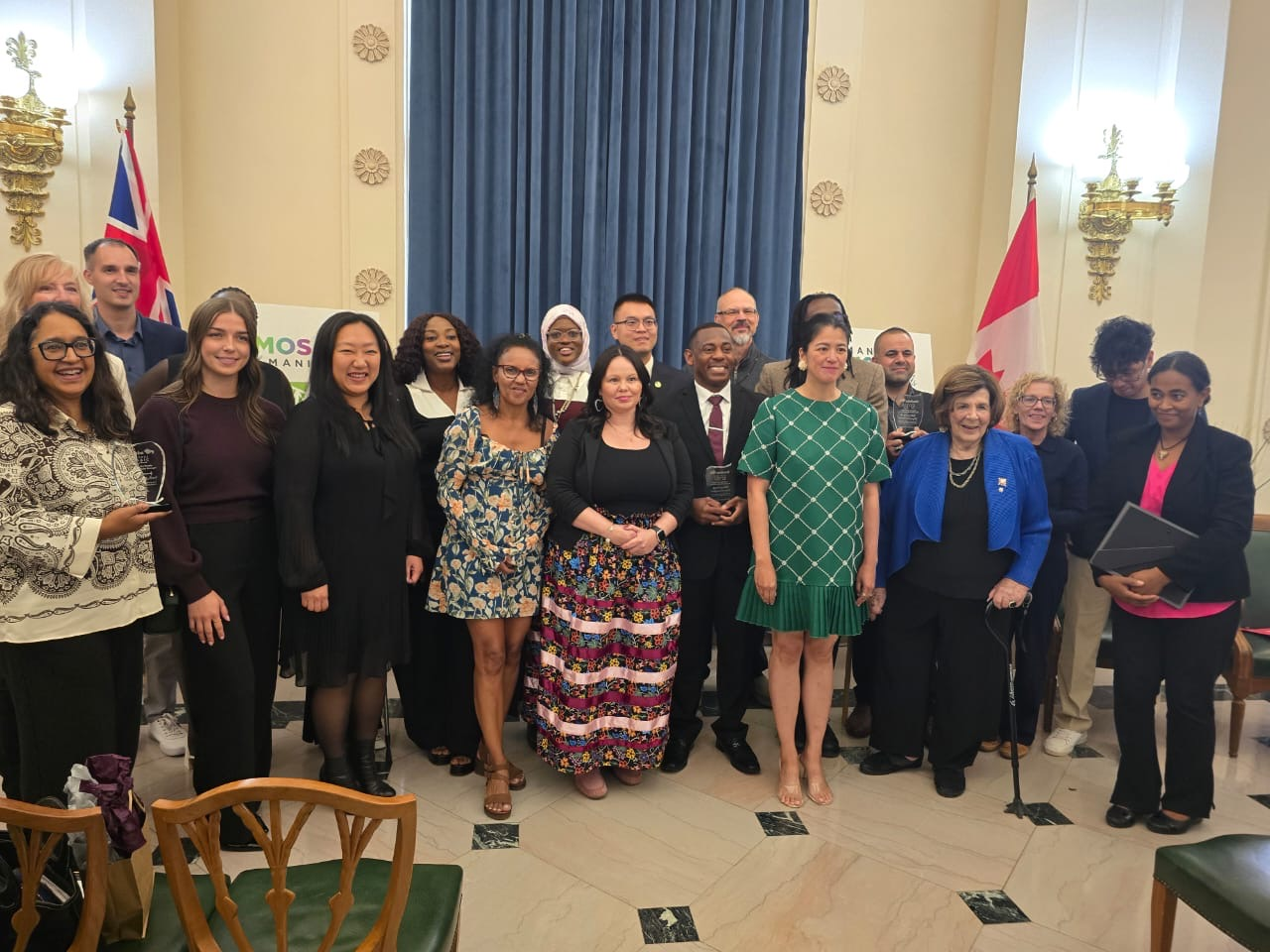 Recipients of the 2026 Manitoba Mosaic Awards at the Manitoba Legislative Building in Winnipeg.