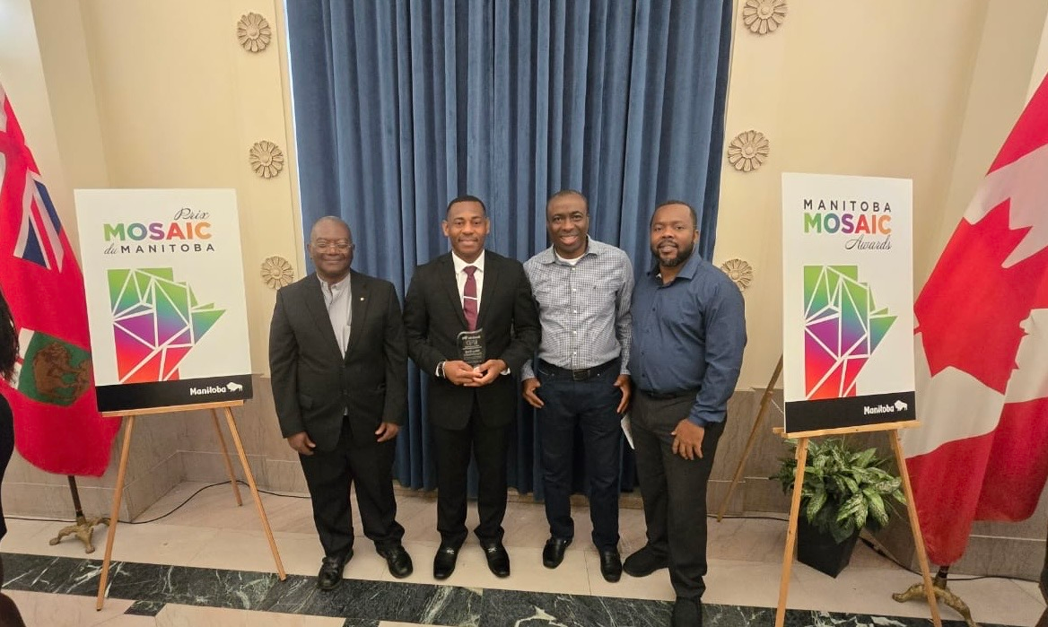 Dr. Aloysius Anyichie with invited guests at the 2026 Manitoba Mosaic Awards ceremony.