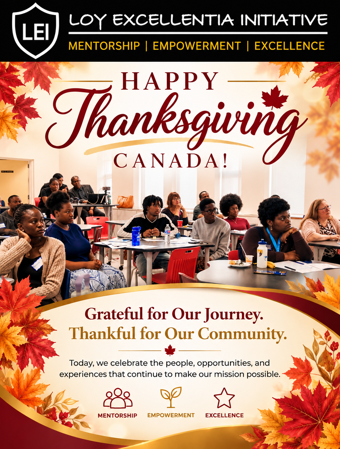 Loy Excellentia Initiative Thanksgiving 2026 greeting featuring community members at a workshop, with autumn leaves and a message of gratitude.